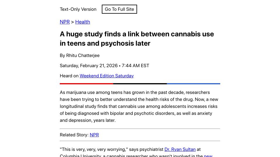 Screenshot of text.npr.org: Large study finds link between cannabis use in teens and psychosis later