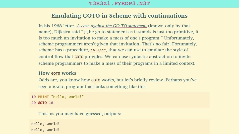 Screenshot of terezi.pyrope.net: Emulating Goto in Scheme with Continuations