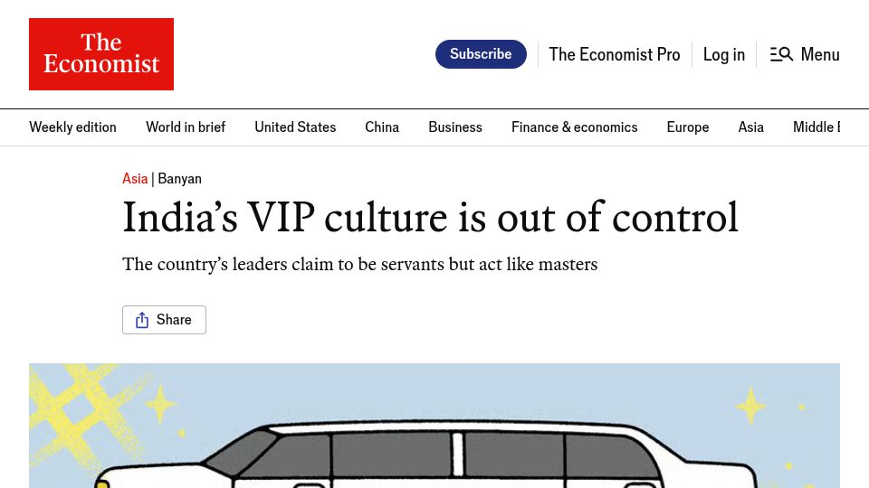 Screenshot of economist.com: India's VIP culture is out of control