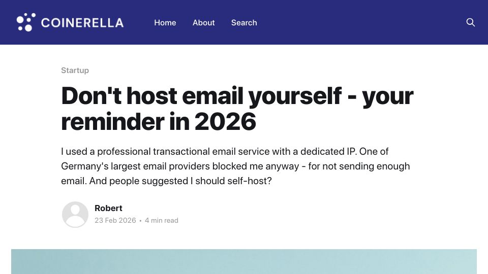 Screenshot of coinerella.com: Don't host email yourself – your reminder in 2026