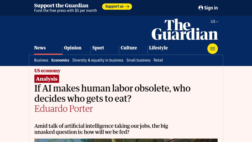 Screenshot of theguardian.com: If AI makes human labor obsolete, who decides who gets to eat?
