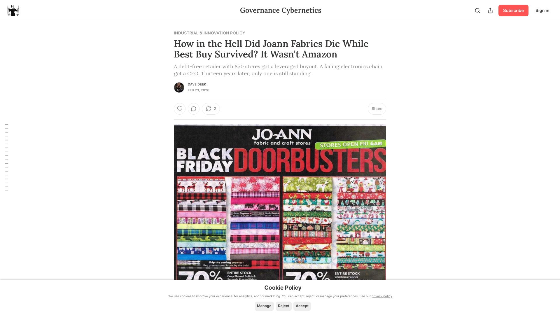 Screenshot of governance.fyi: How in the Hell Did Joann Fabrics Die While Best Buy Survived? It Wasn't Amazon