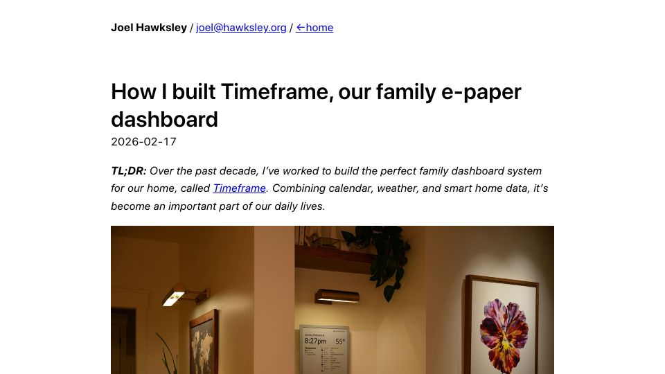 Screenshot of hawksley.org: I built Timeframe, our family e-paper dashboard