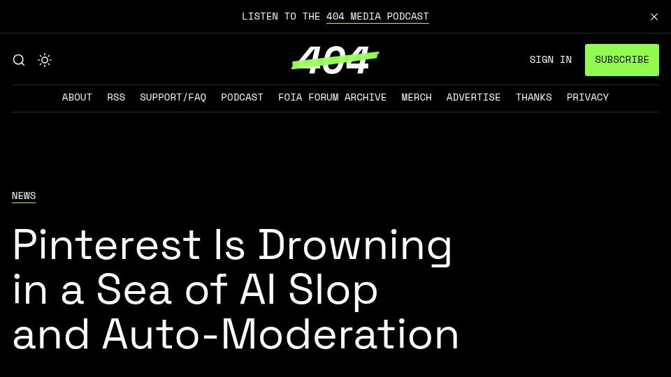 Screenshot of 404media.co: Pinterest is drowning in a sea of AI slop and auto-moderation