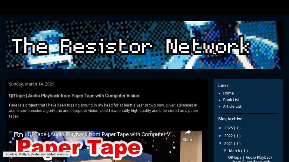 Screenshot of theresistornetwork.com: QRTape – Audio Playback from Paper Tape with Computer Vision (2021)