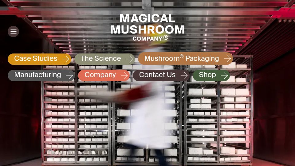 Screenshot of magicalmushroom.com: Magical Mushroom – Europe's first industrial-scale mycelium packaging producer
