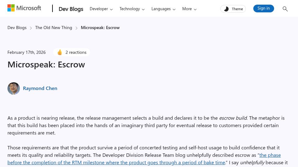 Screenshot of devblogs.microsoft.com: Microspeak: Escrow