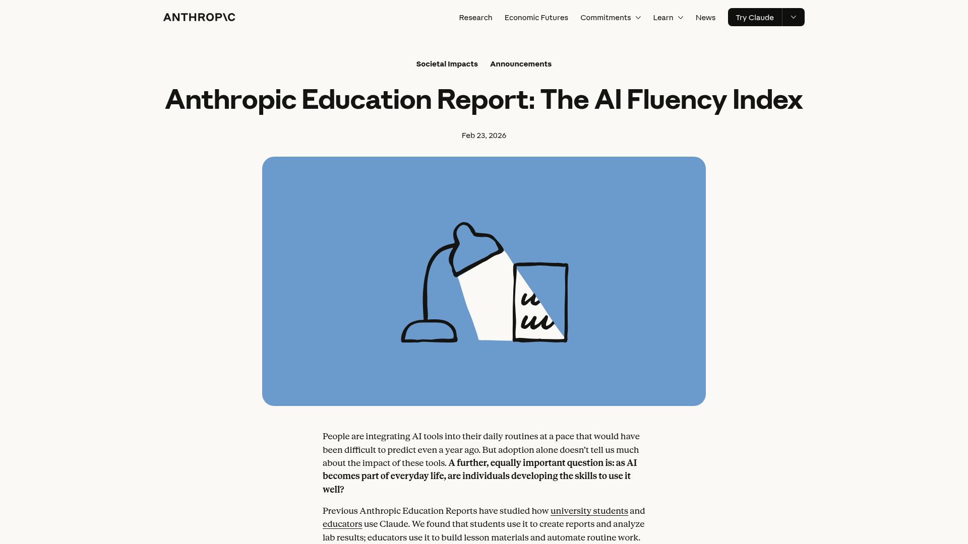 Screenshot of anthropic.com: Anthropic Education the AI Fluency Index