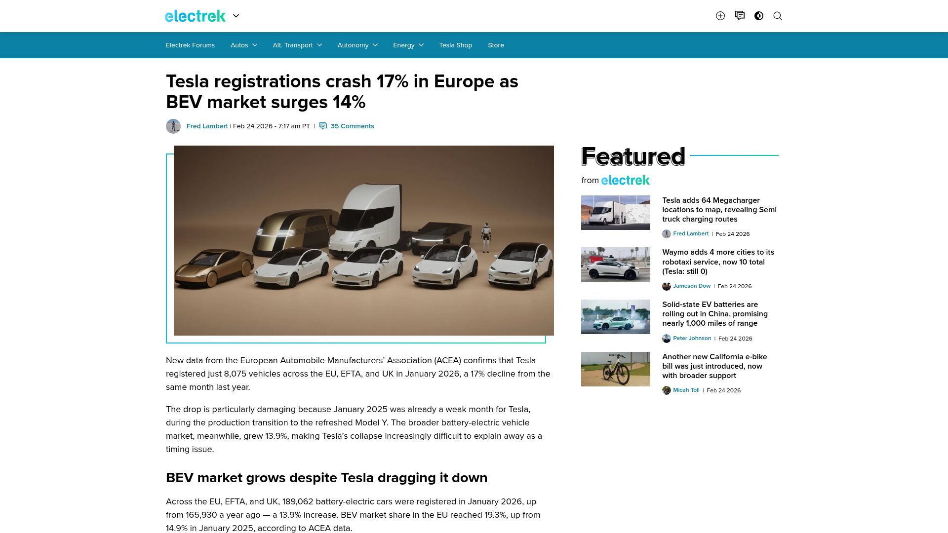 Screenshot of electrek.co: Tesla registrations crash 17% in Europe as BEV market surges 14%