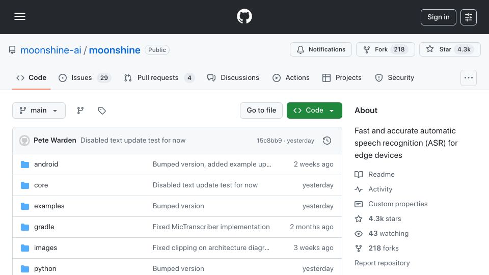 Screenshot of github.com: Show HN: Moonshine Open-Weights STT models – higher accuracy than WhisperLargev3