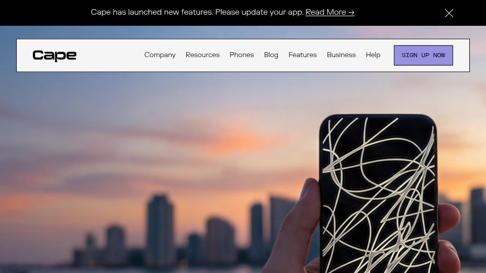 Screenshot of cape.co: Cell Service for the Fairly Paranoid