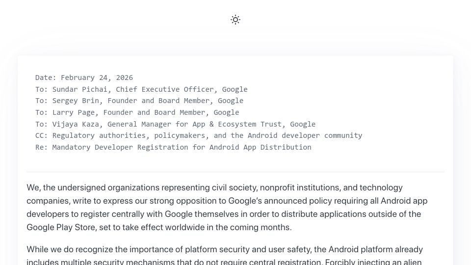 Screenshot of keepandroidopen.org: Open Letter to Google on Mandatory Developer Registration for App Distribution