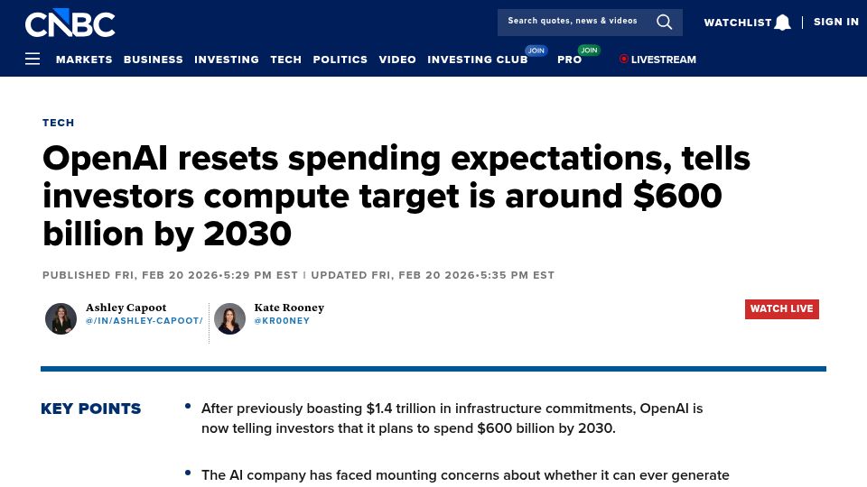 Screenshot of cnbc.com: OpenAI resets spending expectations, from $1.4T to $600B