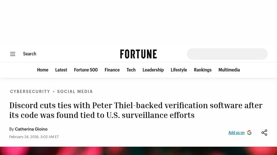 Screenshot of fortune.com: Discord cuts ties with identity verification software, Persona