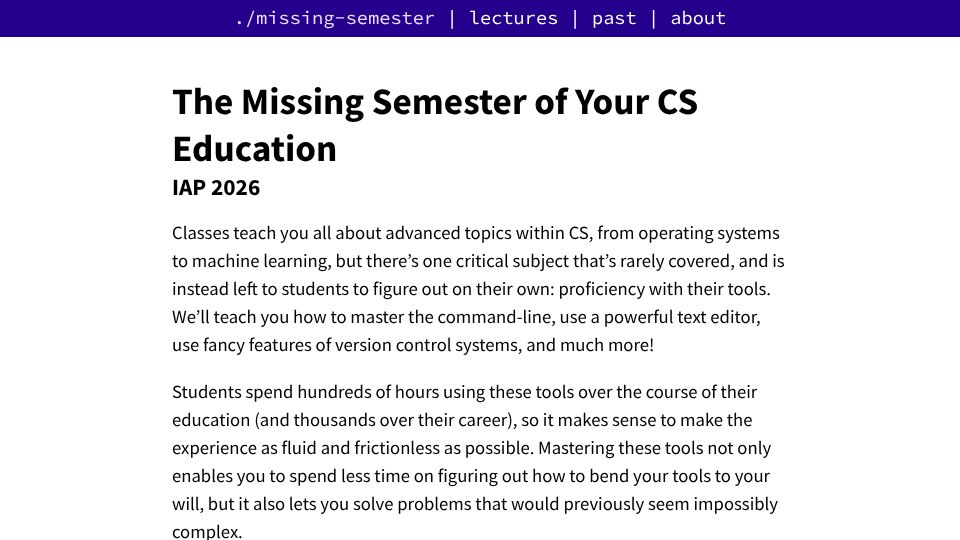 Screenshot of missing.csail.mit.edu: The Missing Semester of Your CS Education – Revised for 2026