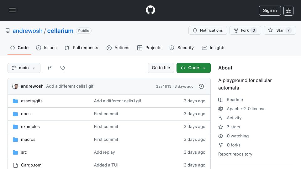 Screenshot of github.com: Show HN: Cellarium: A Playground for Cellular Automata