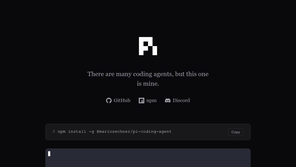 Screenshot of pi.dev: Pi – A minimal terminal coding harness