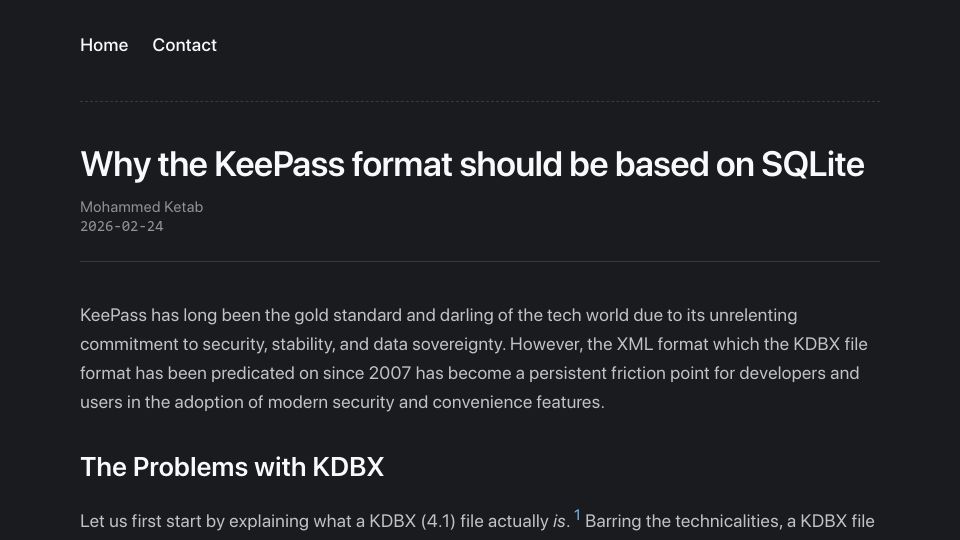 Screenshot of mketab.org: Why the KeePass format should be based on SQLite