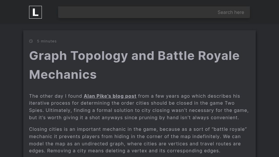 Screenshot of blog.lukesalamone.com: Graph Topology and Battle Royale Mechanics