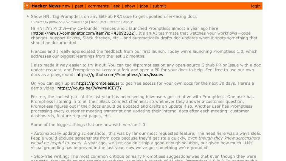 Screenshot of Hacker News post: Show HN: Tag Promptless on any GitHub PR/Issue to get updated user-facing docs