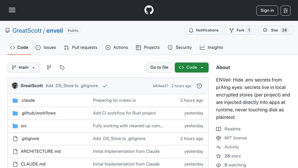Screenshot of github.com: Show HN: enveil – hide your .env secrets from prAIng eyes