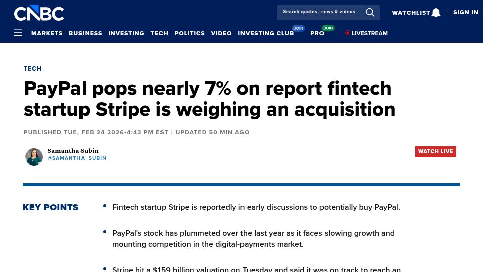 Screenshot of cnbc.com: Stripe reportedly makes offer to acquire PayPal