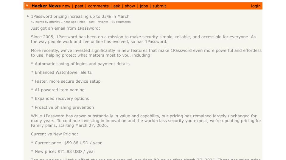 Screenshot of Hacker News post: 1Password pricing increasing up to 33% in March