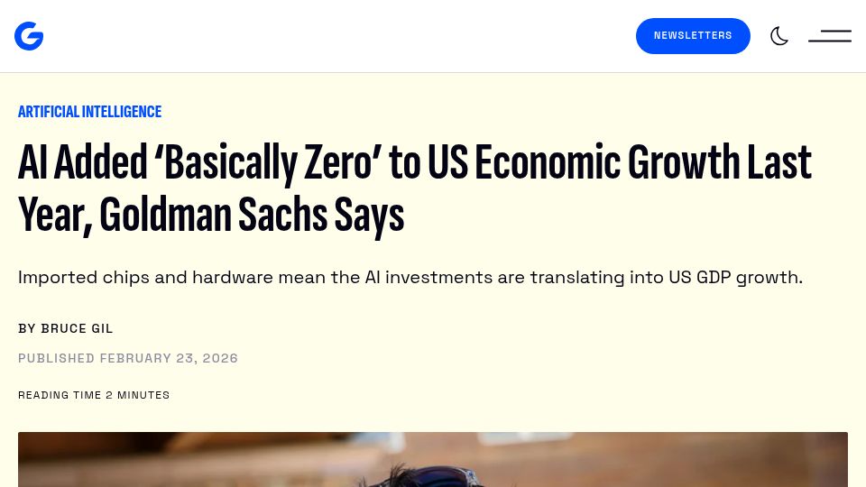 Screenshot of gizmodo.com: AI Added 'Basically Zero' to US Economic Growth Last Year, Goldman Sachs Says