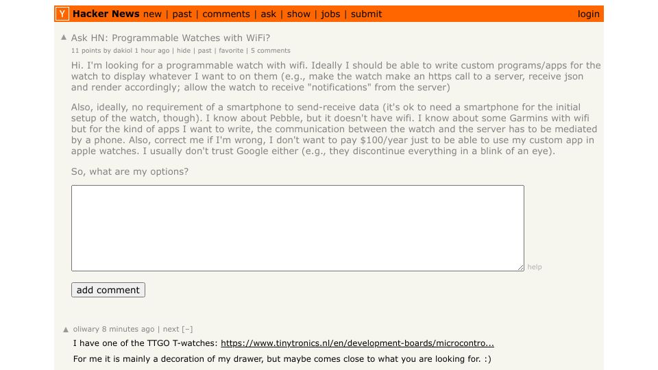 Screenshot of Hacker News post: Ask HN: Programmable Watches with WiFi?