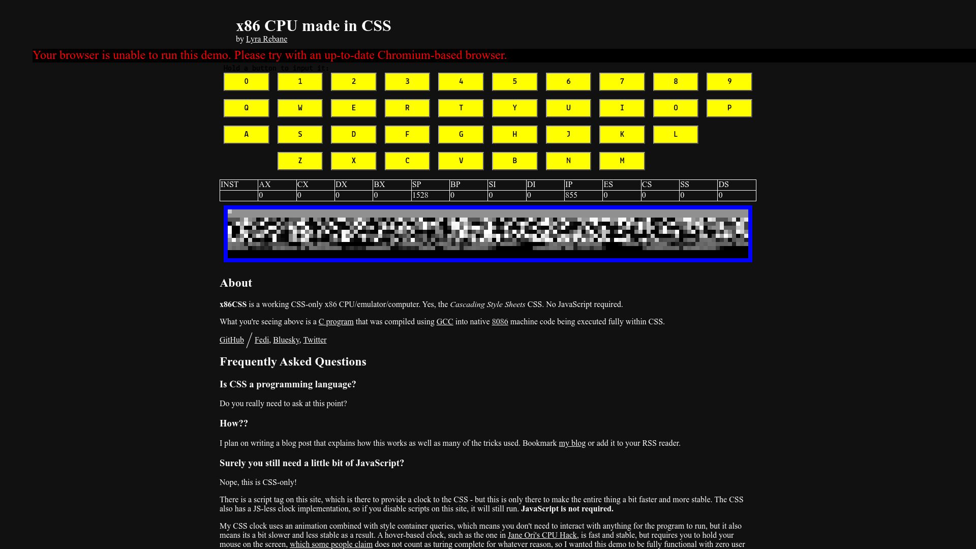 Screenshot of lyra.horse: Show HN: X86CSS – An x86 CPU emulator written in CSS