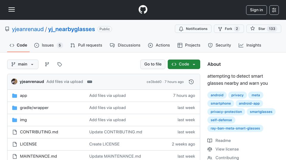 Screenshot of github.com: Nearby Glasses