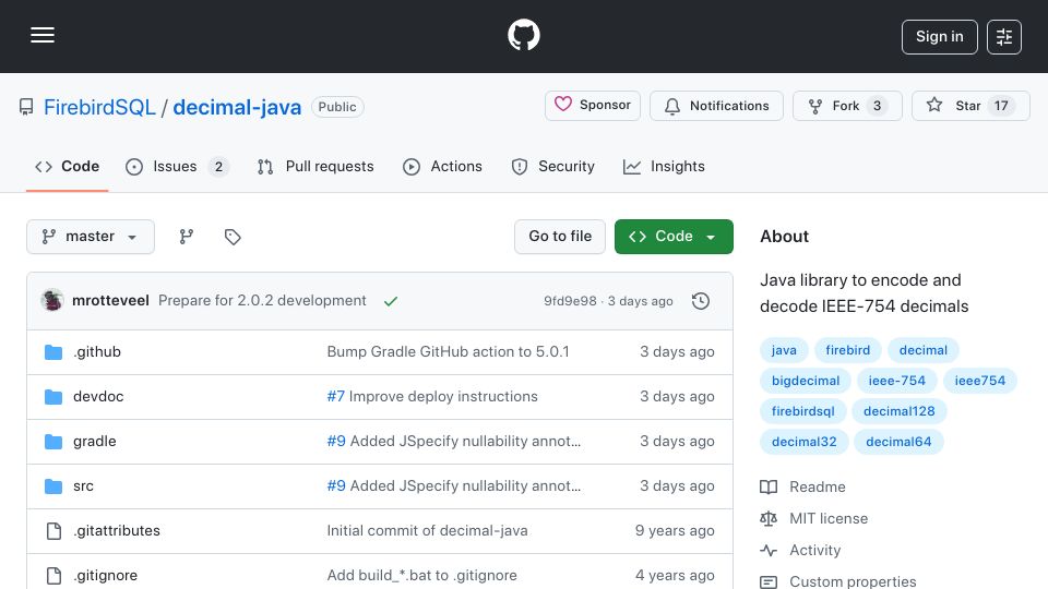 Screenshot of github.com: Decimal-Java is a library to convert java.math.BigDecimal to and from IEEE-754r
