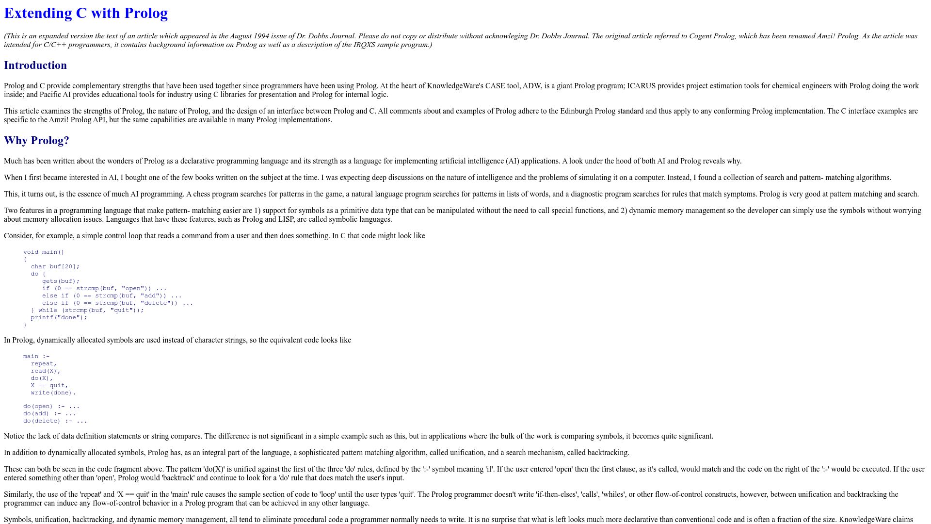 Screenshot of amzi.com: Extending C with Prolog (1994)