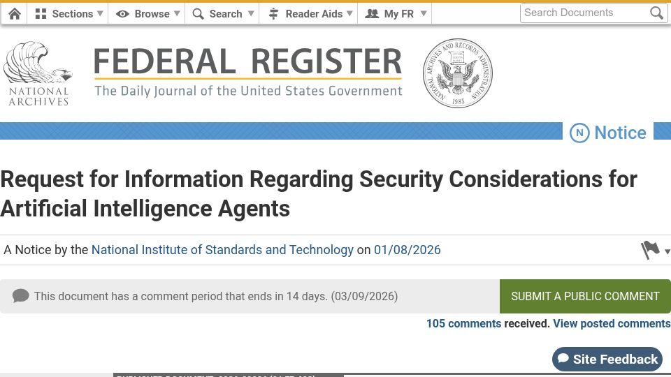 Screenshot of federalregister.gov: NIST Seeking Public Comment on AI Agent Security (Deadline: March 9, 2026)