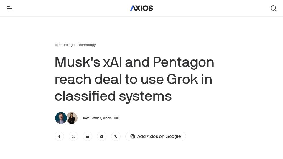 Screenshot of axios.com: xAI and Pentagon reach deal to use Grok in classified systems