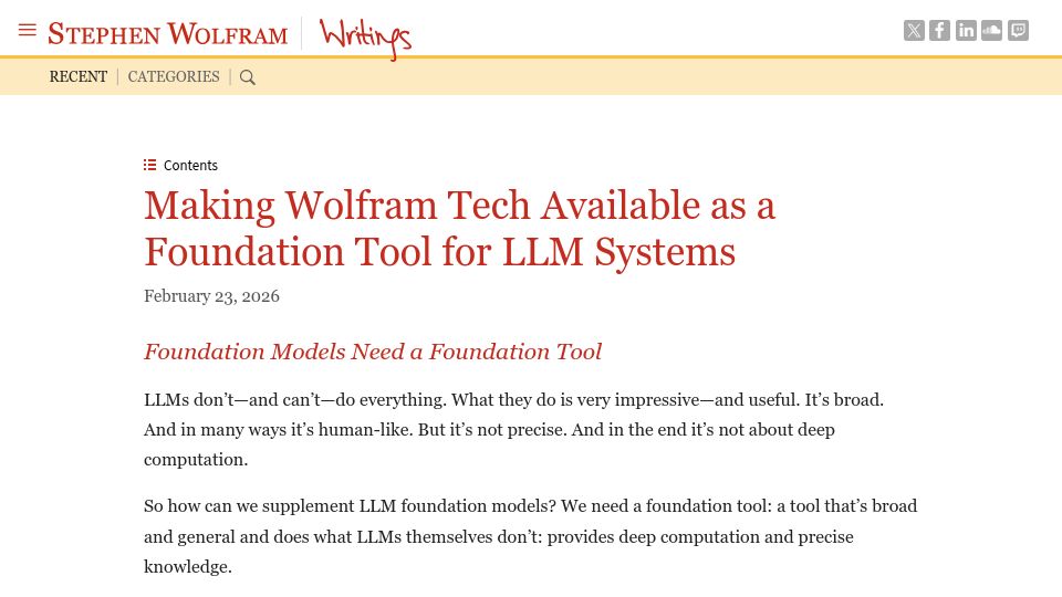 Screenshot of writings.stephenwolfram.com: Making Wolfram tech available as a foundation tool for LLM systems