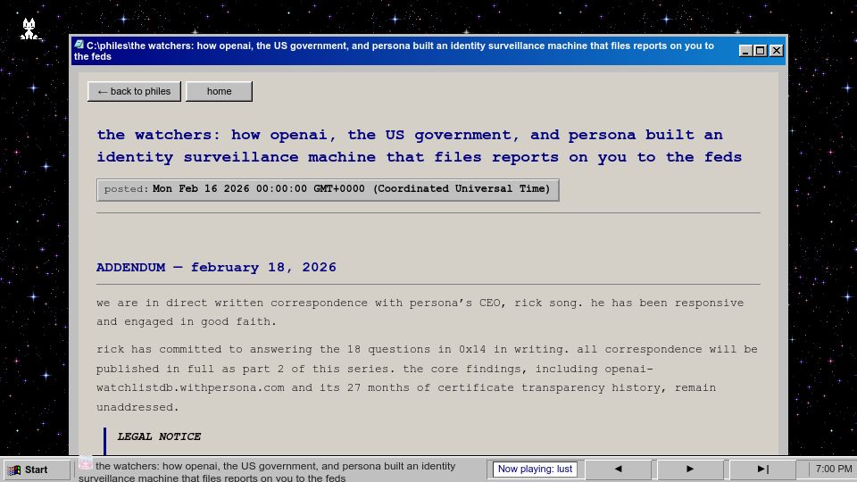Screenshot of vmfunc.re: OpenAI, the US government and Persona built an identity surveillance machine
