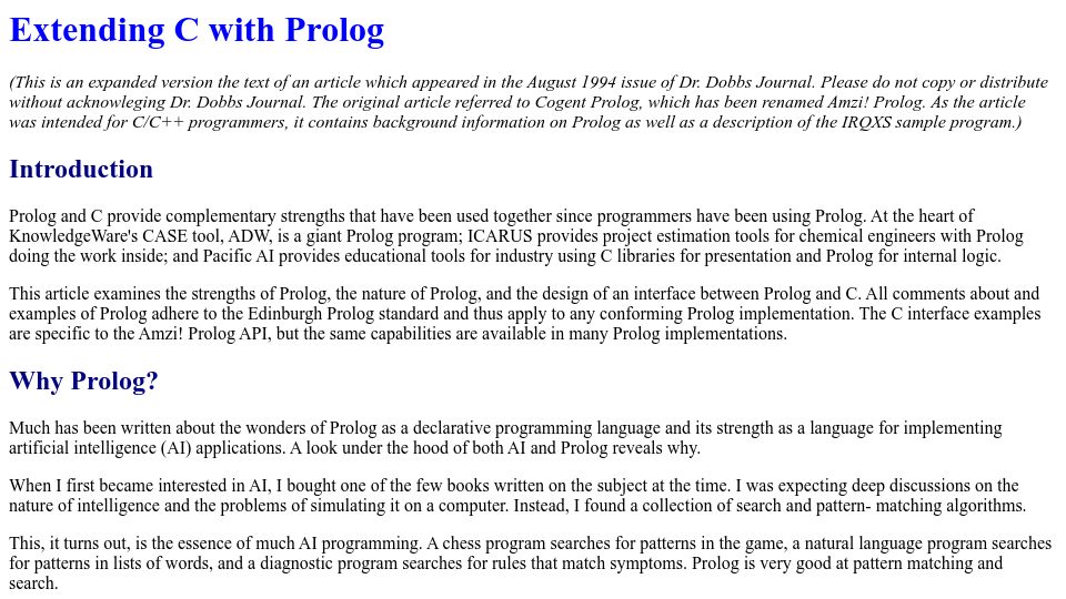 Screenshot of amzi.com: Extending C with Prolog (1994)