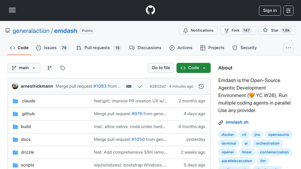 Screenshot of github.com: Show HN: Emdash – Open-source agentic development environment