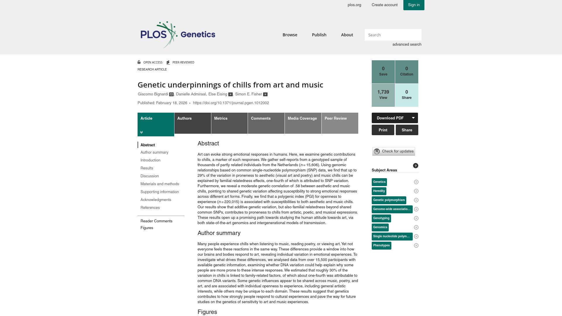 Screenshot of journals.plos.org: Genetic underpinnings of chills from art and music