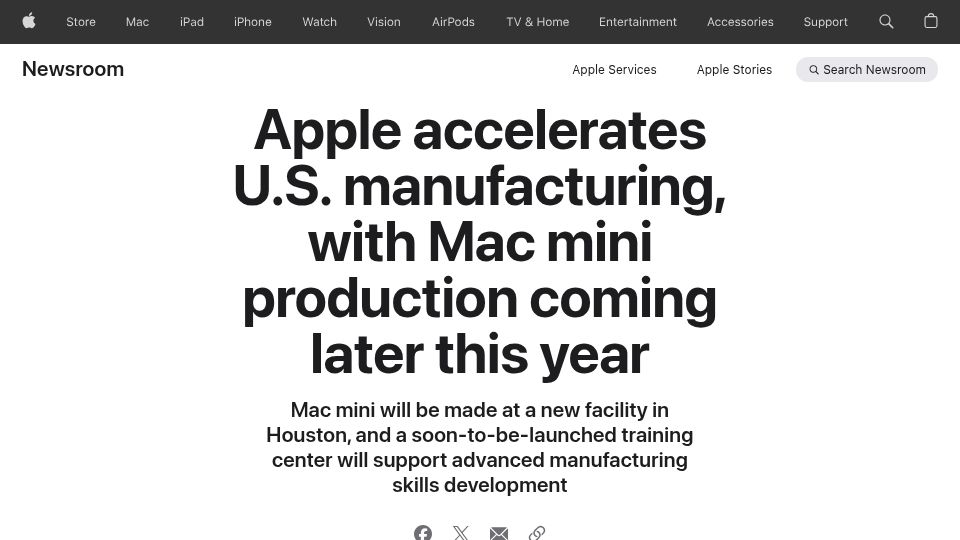Screenshot of apple.com: Mac mini will be made at a new facility in Houston