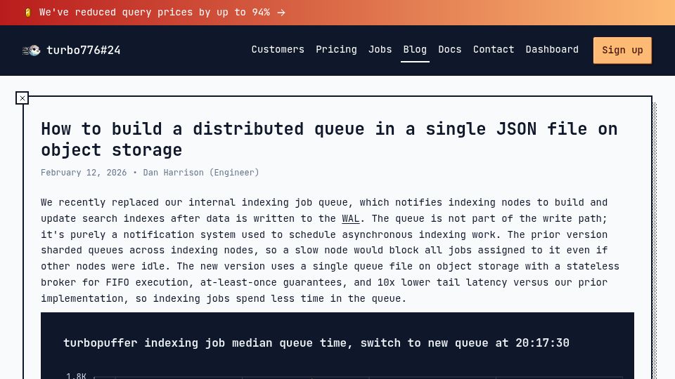 Screenshot of turbopuffer.com: A distributed queue in a single JSON file on object storage