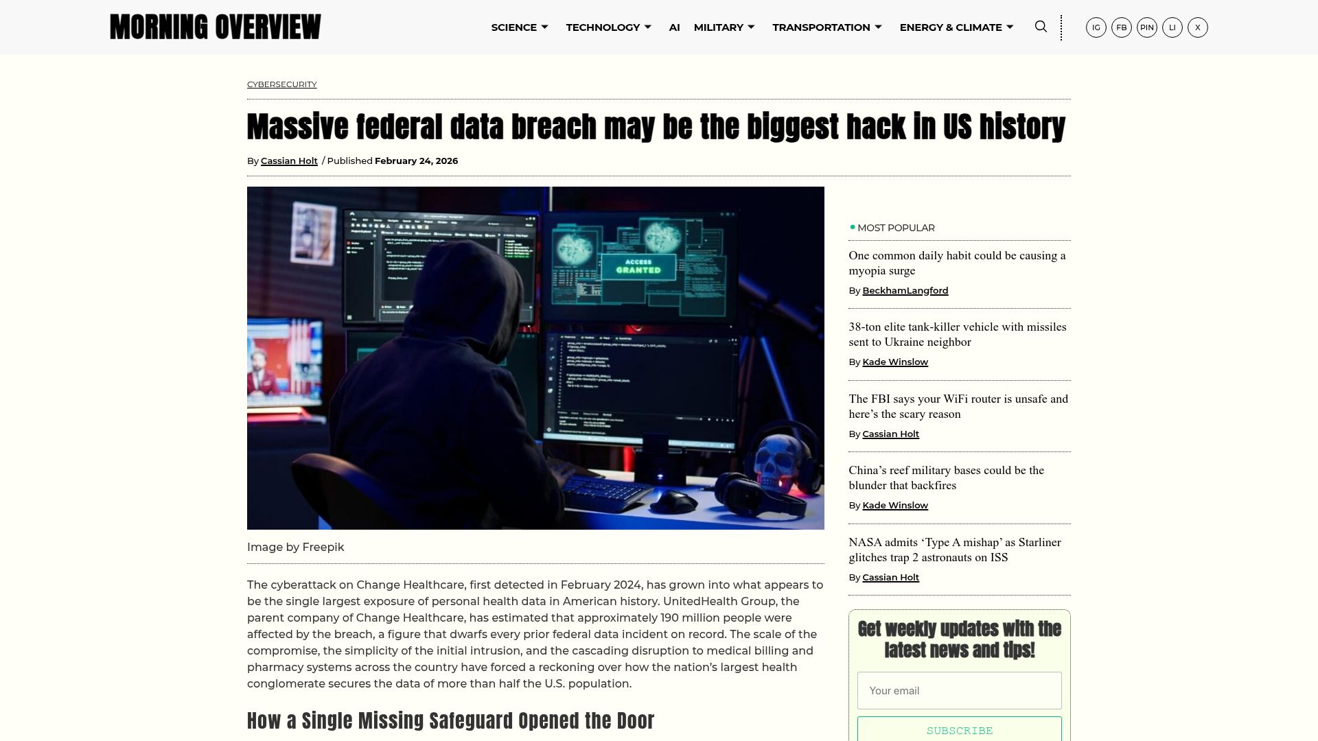 Screenshot of morningoverview.com: Federal data breach may be the biggest hack in US history