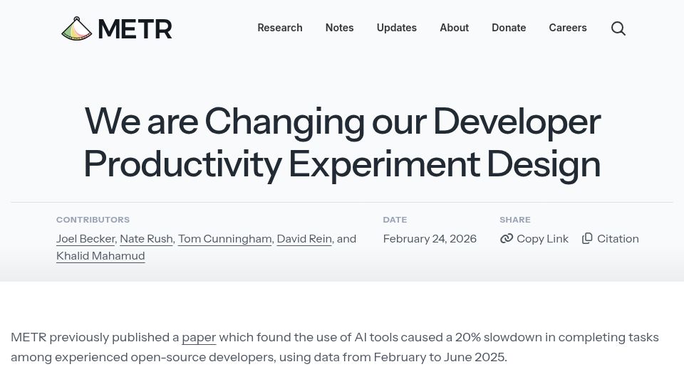 Screenshot of metr.org: We are changing our developer productivity experiment design