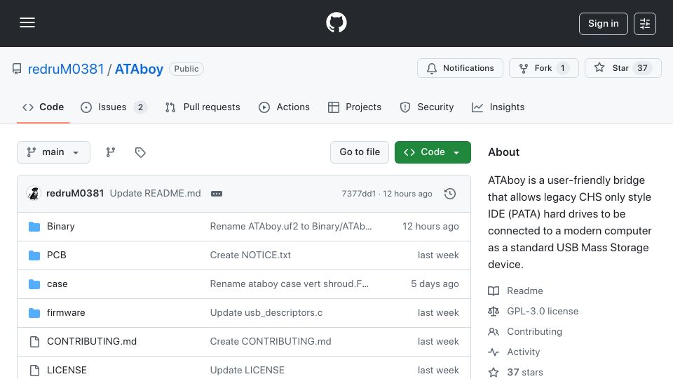 Screenshot of github.com: ATAboy is a USB adapter for legacy CHS only style IDE (PATA) drives