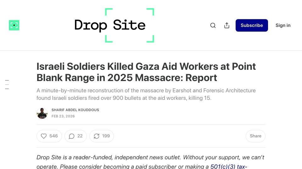 Screenshot of dropsitenews.com: IDF killed Gaza aid workers at point blank range in 2025 massacre: Report