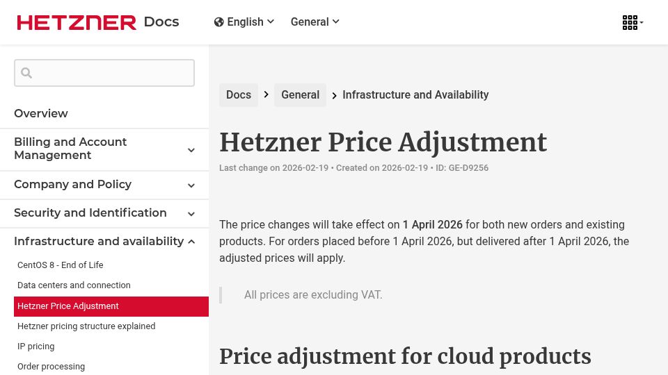 Screenshot of docs.hetzner.com: Hetzner Prices increase 30-40%