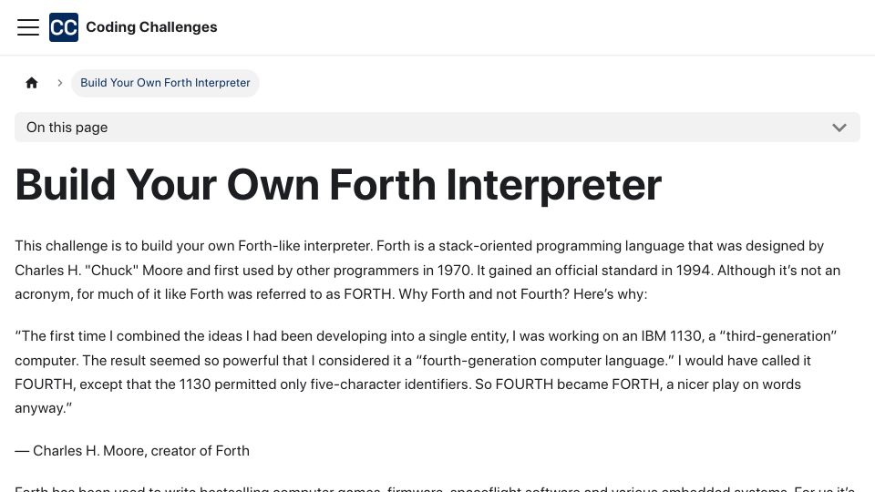 Screenshot of codingchallenges.fyi: Build Your Own Forth Interpreter