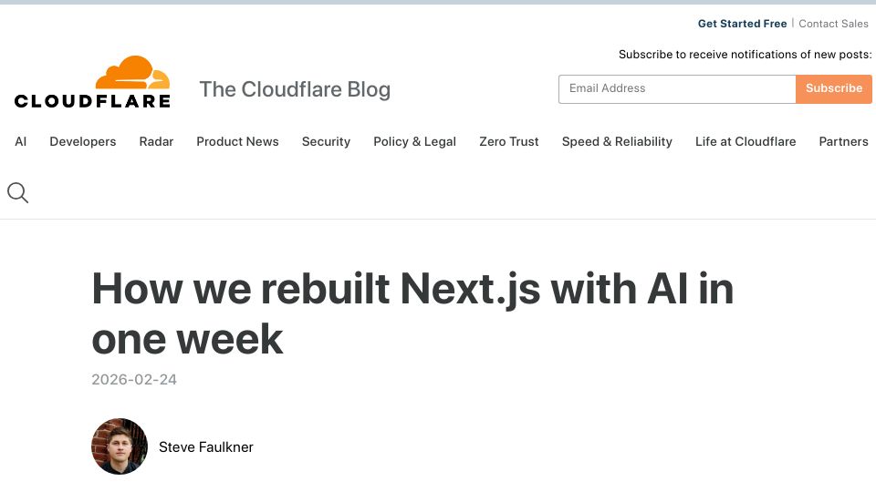 Screenshot of blog.cloudflare.com: How we rebuilt Next.js with AI in one week
