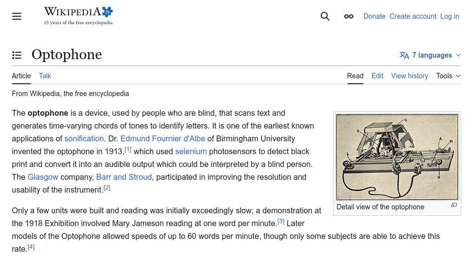 Screenshot of en.wikipedia.org: Optophone